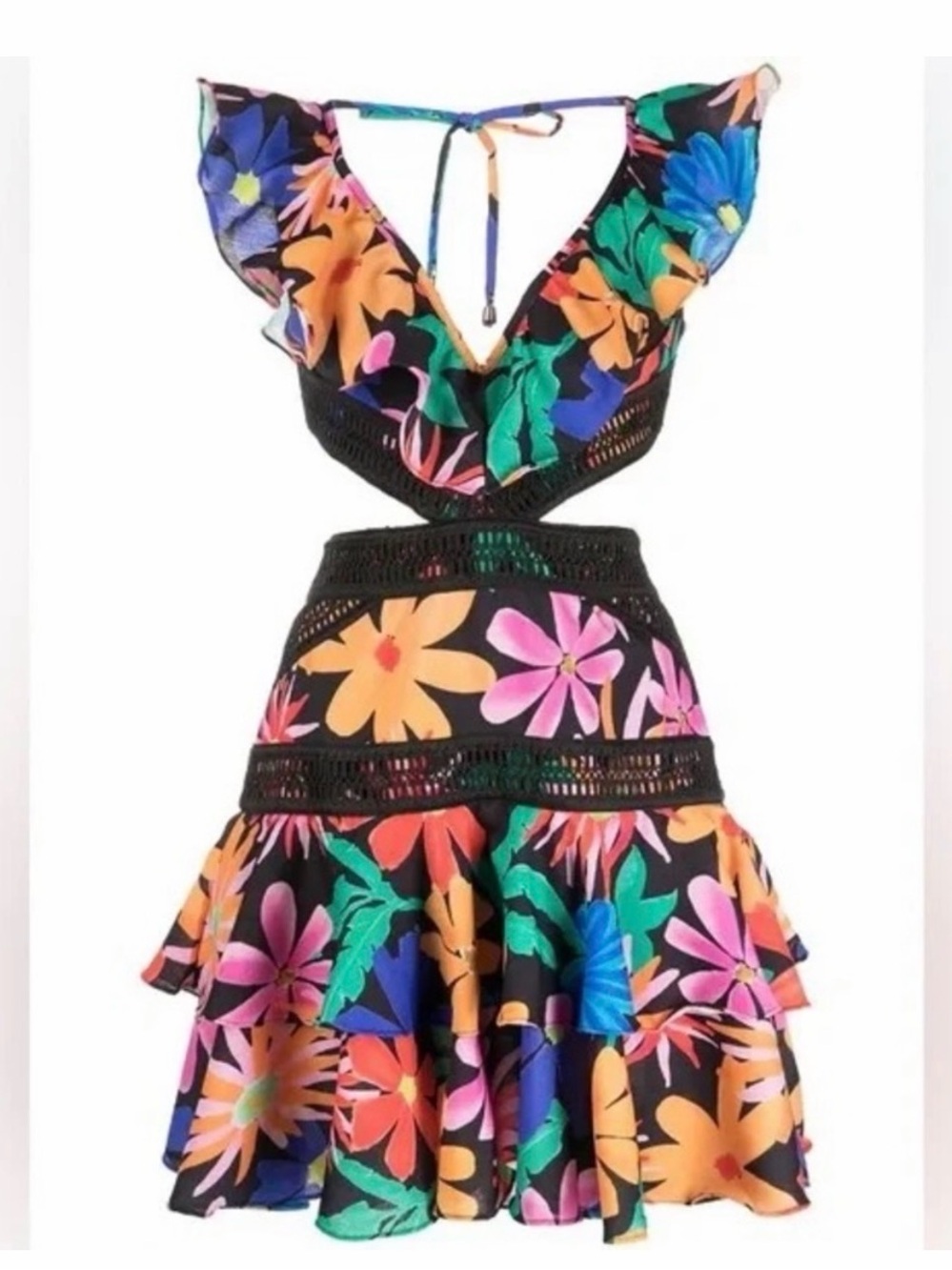 Patbo Floral Cutout Ruffle Mini Dress - Black with Multicolor Flowers